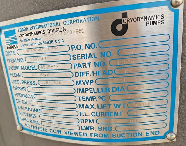 EBARA 8ECR-12 LNG CRYOGENIC PUMP | Emergency cargo pump