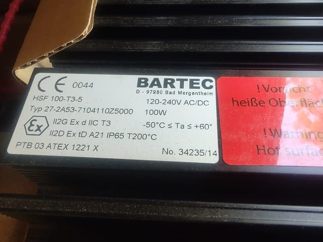 Bartec HSF 100-T3-5 Heater 100W 120-240V AC/DC 27-2A53-7104110Z5000