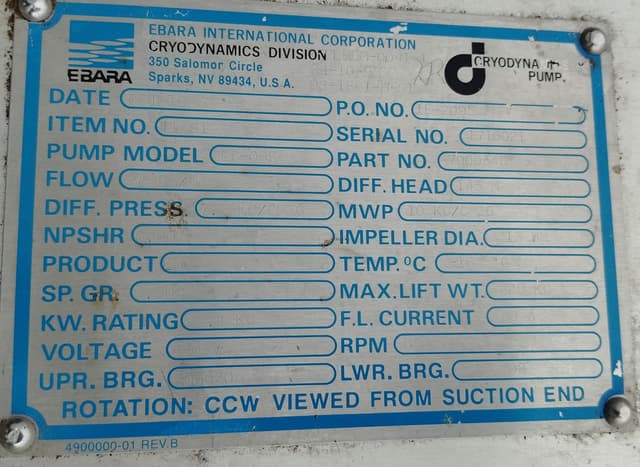 EBARA 2EC-092 LNG Pump / Cryogenic Spray Pump