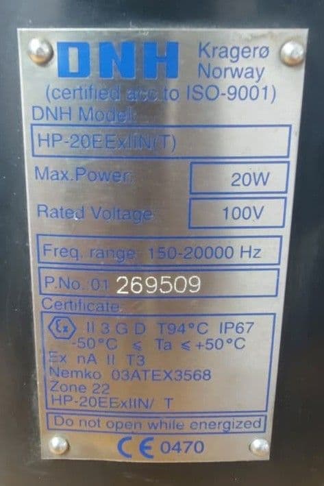 DNH HP-20EExIIN (T) Exposition Proof Loud Speaker 20W 100V PN 01 269509 , HP-20