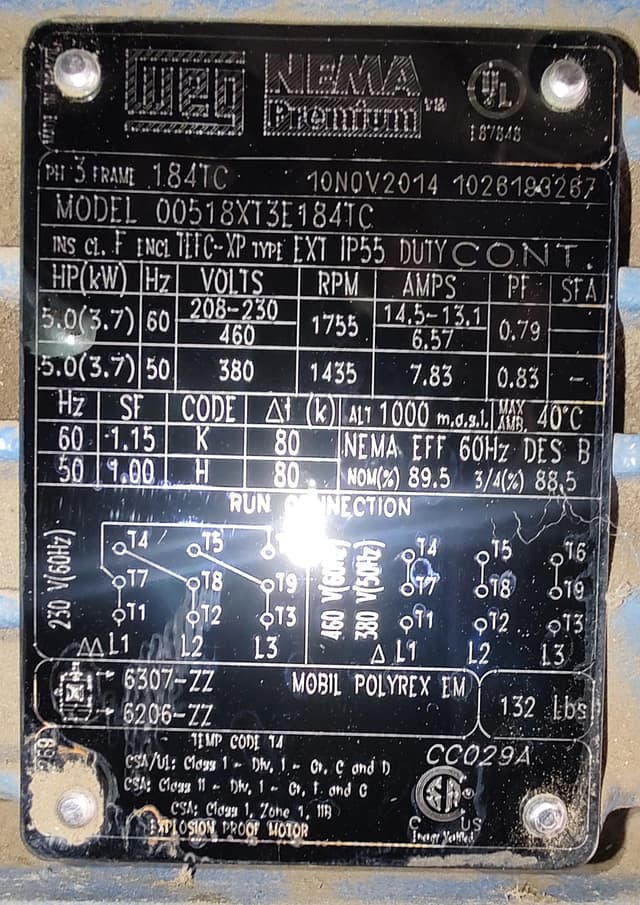 WEG 5 HP (3.7 kW) Explosion Proof Marine Electric Motor / 1755 rpm @ 60 Hz – 1435 rpm @ 50 Hz