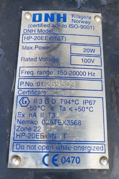 DNH HP-20EExIIN (T) Exposition Proof Loud Speaker 20W 100V PN 01 269509 , HP-20