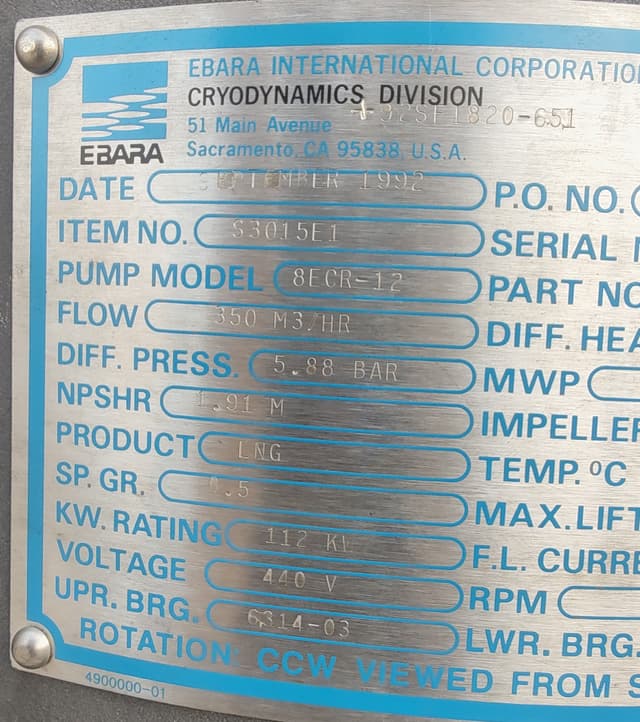 EBARA 8ECR-12 LNG CRYOGENIC PUMP | Emergency cargo pump
