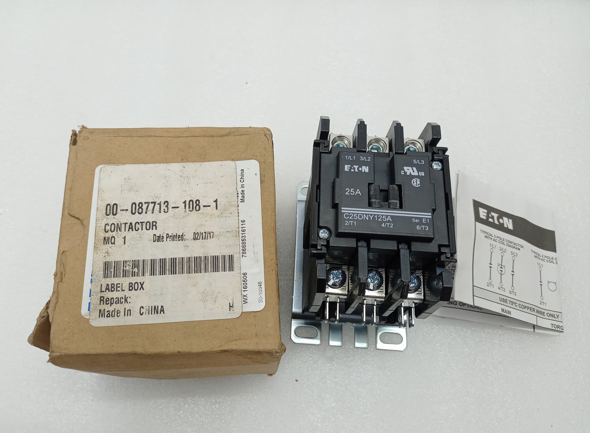 Eaton C25DNY125A Definite Purpose Contactor 25 FLA 3Pole Ser. E1 PN: 87713-108-1
