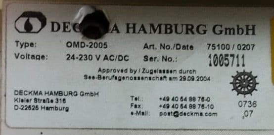 Deckma OMD-2005 Oil Content Meter / Bilge Alarm Monitor / Measuring Cell