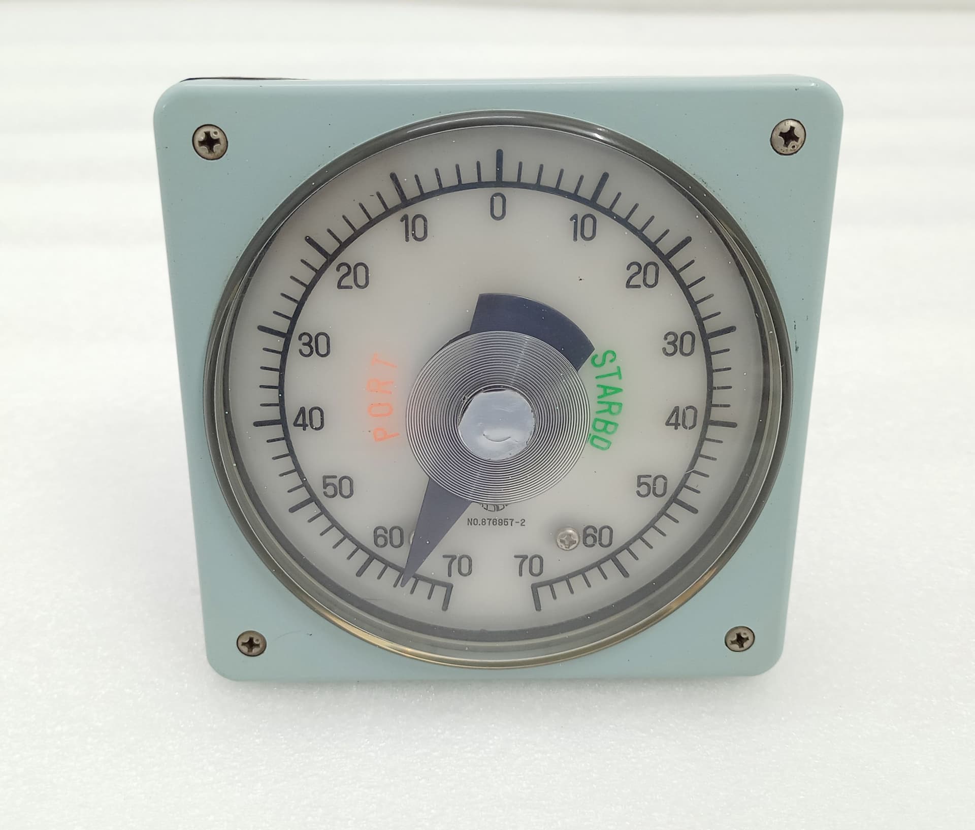 KURAMOTO Rudder Angle Indicator 70-0-70 Port/Starbd w TAMAGAWA TS4E12 Sync Motor KURAMOTO INSTRUMENT Marine Rudder Angle Indicator 70-0-70 Port/Starboard Marine Rudder Angle Indicator (RAI) KURAMOTO INSTRUMENT Marine Rudder Angle Indicator 70-0-70 Port/Starboard NO.876957-3 Vintage Marine Ship Gauge Synchro Dial / Kuramoto Tamagawa Seiki Indicator For sale is a genuine, high-grade Kuramoto Instrument Manufacturing Co., Ltd. Marine Rudder Angle Indicator loop dial face. This Japanese legacy navigation instrument features an expanded 70-0-70 degree scale for both Port (Red) and Starboard (Green) rudder position tracking. TAMAGAWA SEIKI TS4E12 Marine Synchro Rudder Angle Indicator Kuramoto 220V 70-0-70 Kuramoto Marine Rudder Gauge Meter TS4E12 Tamagawa Seiki Synchro Motor