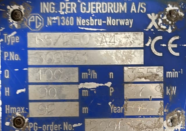 ING PER GJERDRUM AS Horizontal Centrifugal Water Pump Type: 65/250 A4 Head: 90m