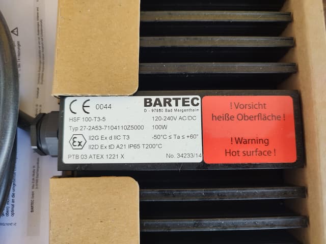 Bartec HSF 100-T3-5 Heater 100W 120-240V AC/DC 27-2A53-7104110Z5000