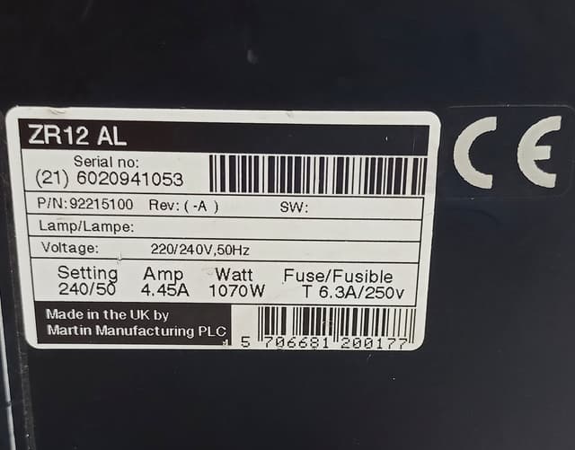 Martin JEM ZR12-AL Professional Fog Machine 220240V 1070W 4.45A Made in UK Used